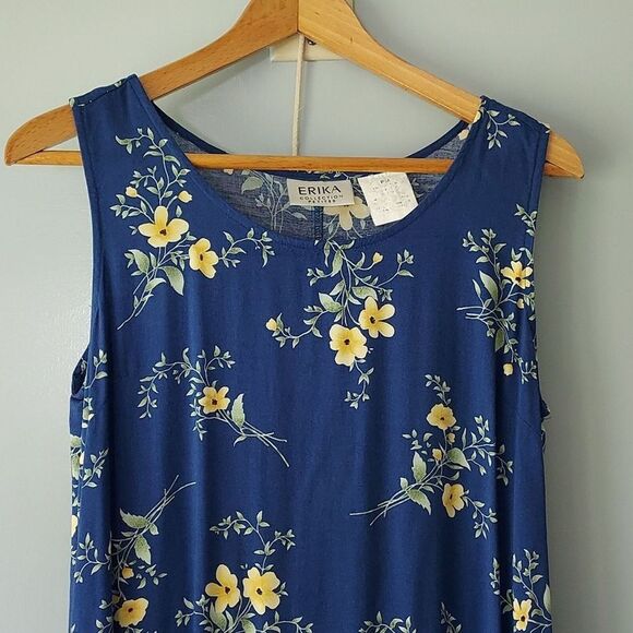 Erika Collection Petites PM Sleeveless Tank Dress Blue Yellow Floral Popover - Picture 2 of 8